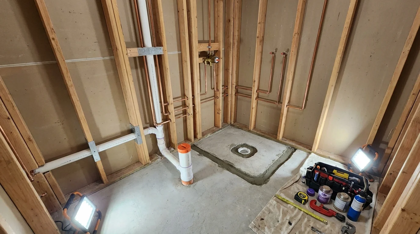 Bathroom rough-in plumbing during remodel by Johns Plumbing LLC in Camuy