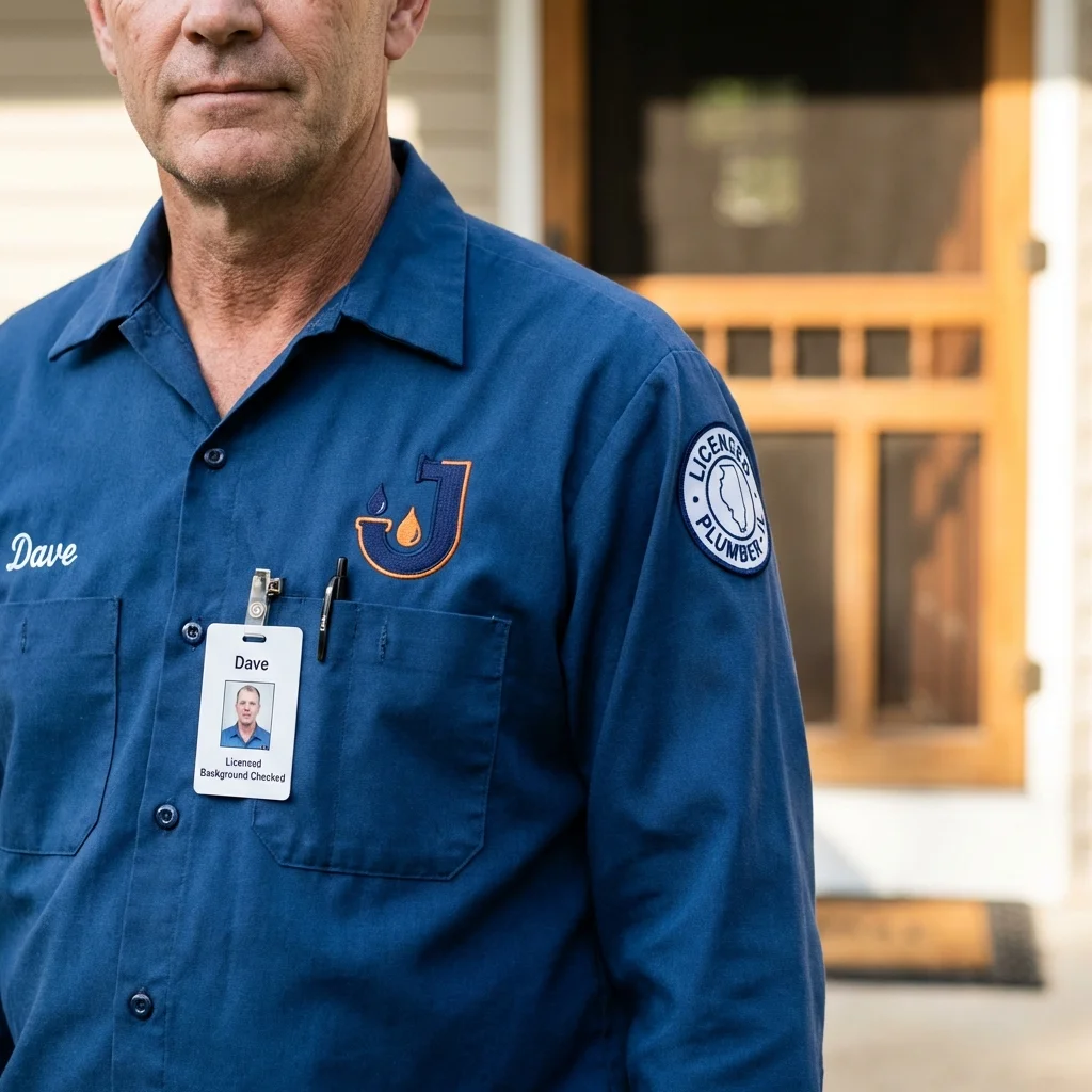 Licensed plumber showing ID badge in Camuy, PR