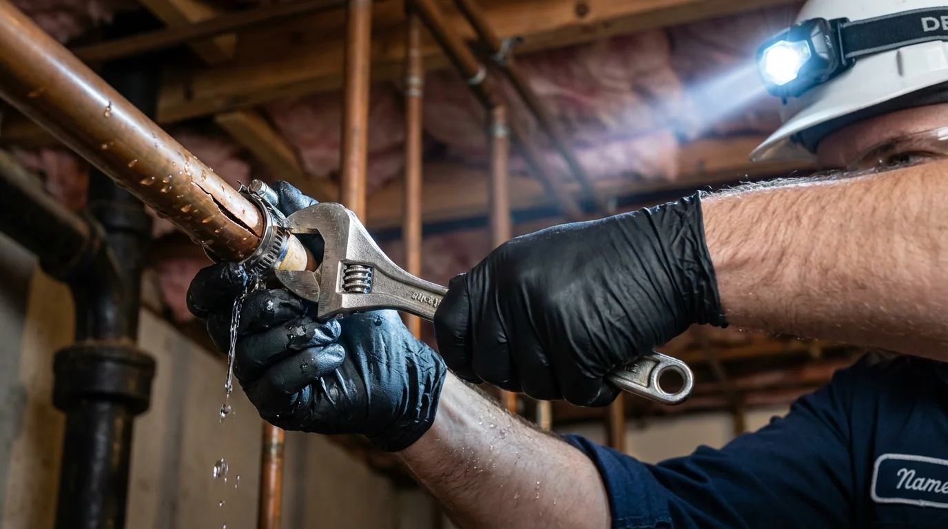 Emergency pipe clamp repair being performed by a Johns Plumbing LLC plumber in Camuy