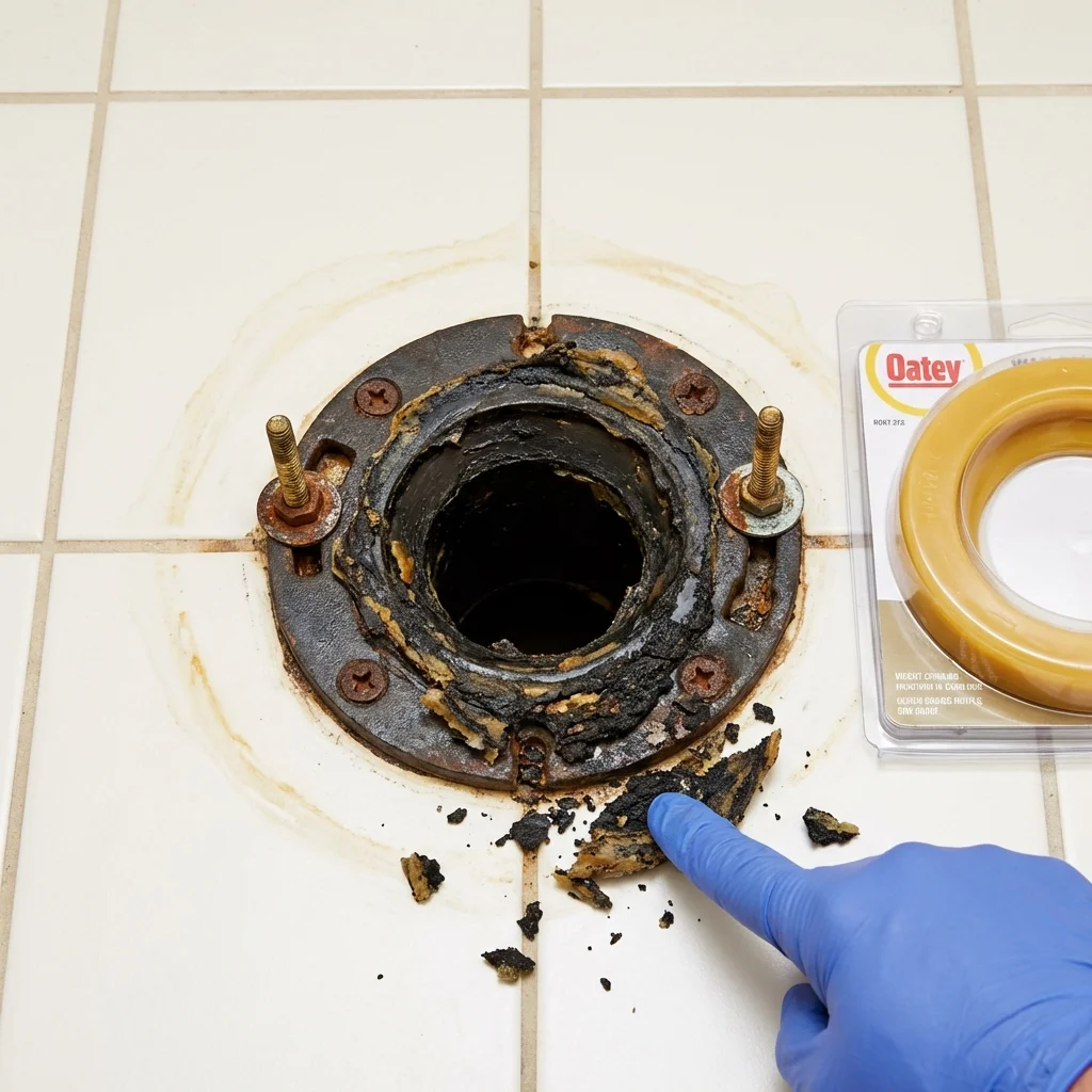 Failed wax ring showing water seepage at the base of a toilet in a Camuy, PR home