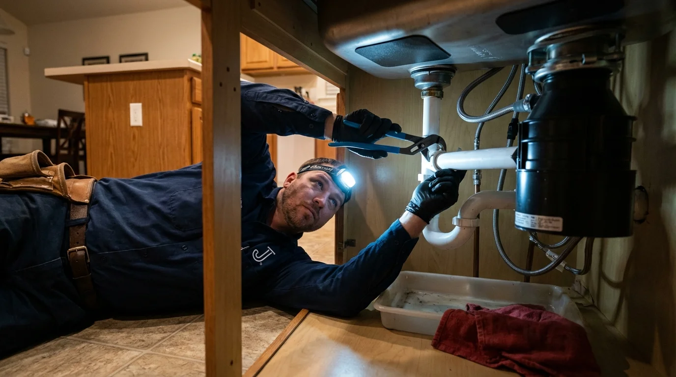 P-trap and supply line connections under a kitchen sink showing a common leak point in Camuy, PR